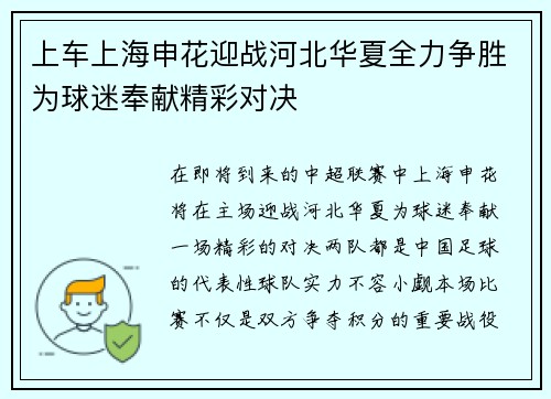 上车上海申花迎战河北华夏全力争胜为球迷奉献精彩对决